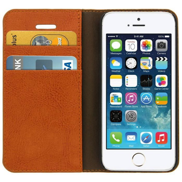 iPhone 5/5S/SE-fodral - Brun - Äkta läder - Hård skal - Stödfunktion - Kortfack kastanj