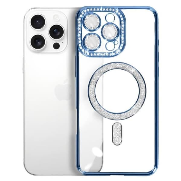 Coque - Diamant - iPhone 16 Pro - Magnetisk Beskyttelse - Kontur Strass - Lys Blå Blå