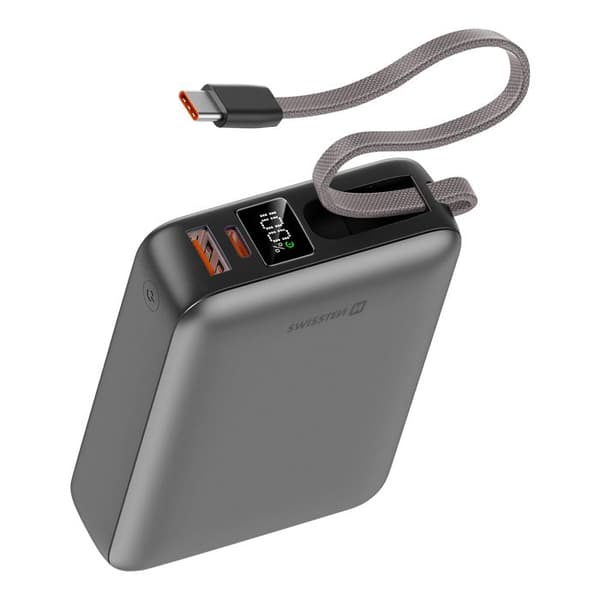 Externbatteri - SWISSTEN - 20000mAh - 45W - Inbyggd USB-C-kabel - Silver Grå