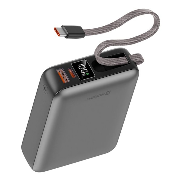 Ulkoakku 20000mAh 45W integroidulla USB-C johdolla, USB-C ja USB portit, Swissten Hopea Grå
