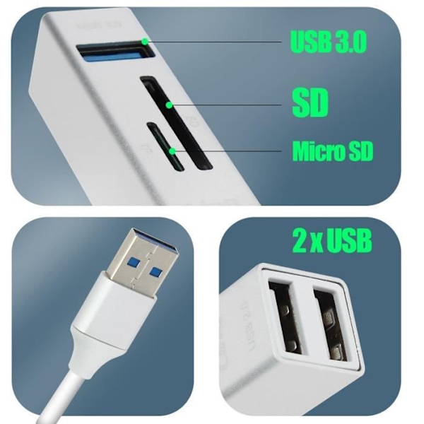5 in 1 USB-keskitin: 3 USB-porttia ja LinQ MicroSD SD-kortinlukija, hopea