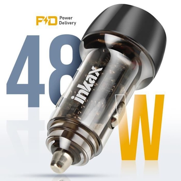 Lighteroplader 48W USB-C + USB Hurtigopladning LED indikator Inkax Transparent Transparent
