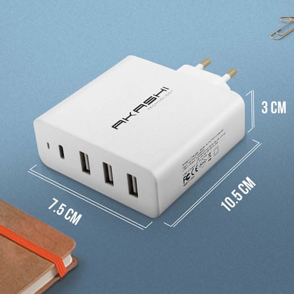 Vægoplader 45W 3x USB-porte 1x USB-C-port Sikker opladning Akashi Hvid Vit