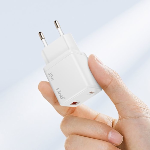 USB-C-laddare Power Delivery 30W + USB 18W Quick Charge 3.0 Kompakt LinQ Vit Vit