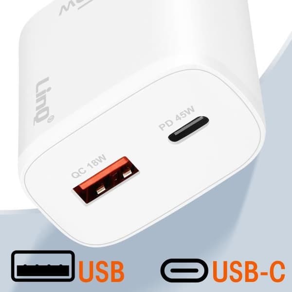 USB C-oplader - LinQ - 45W Power Delivery - Quick Charge 3.0 - Bærbart design - Hvid Vit