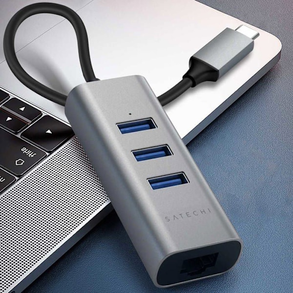 USB C hub til 3x USB og Ethernet, kompakt design, Satechi mørkegrå