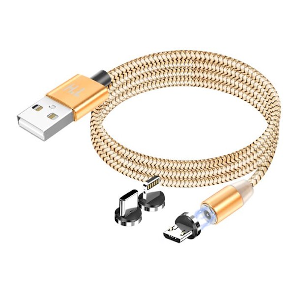 Magnetisk 3-i-1 USB-C / Lightning / Micro-USB til USB-A 1m Guld