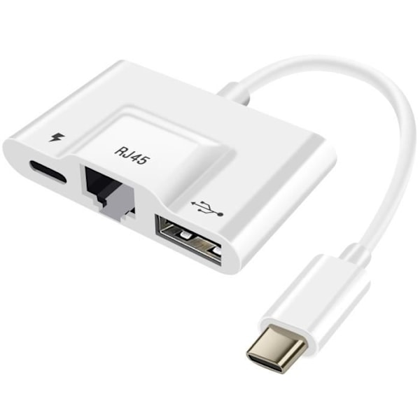 USB-C - Ethernet / USB / USB-C -sovitin Compact Plug and Play White