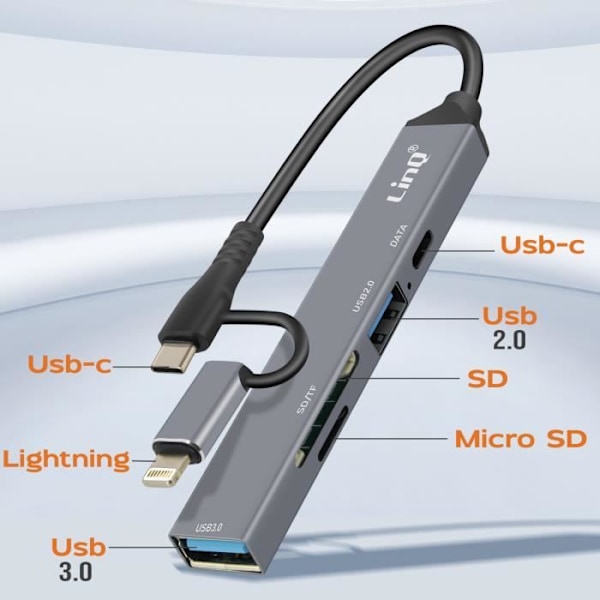 USB-C og Lightning hub - LinQ - Sort - 1x USB-C - 2x USB - SD/TF kortlæser