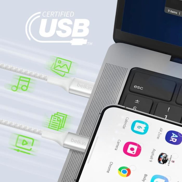 USB C-kabel - BELKIN - BoostCharge - 240W - Nylon Flettet - 1m - Ultra-Hurtig Opladning Vit