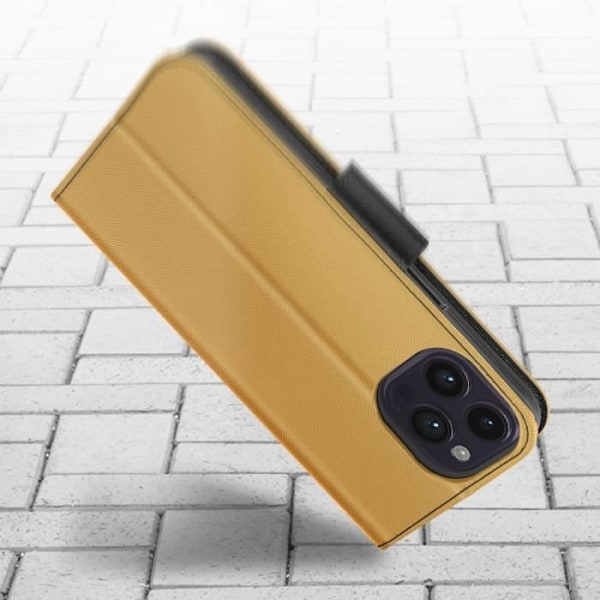 iPhone 14 Pro-fodral Plånbok Korthållare Tvåfärgad guld och svart videostöd guld och svart