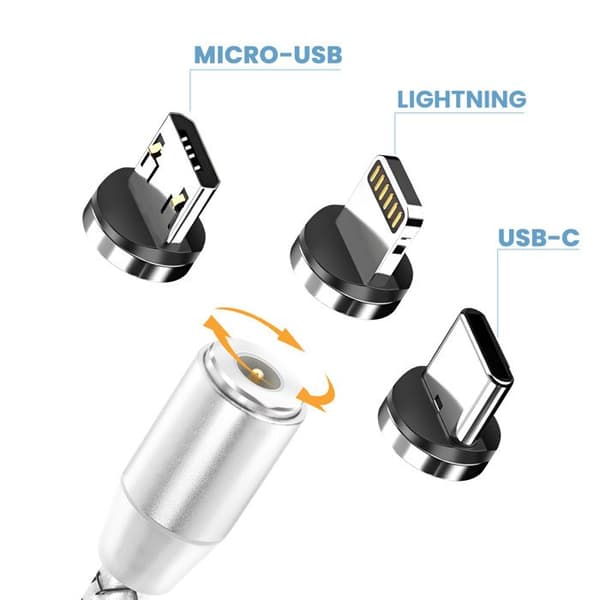 Magnetisk 3-i-1 USB-C / Lightning / Micro-USB til USB-A 1m Sølv