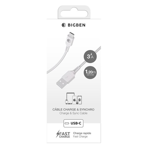 USB-A til USB-C FastCharge 15W 3A i vævet nylon 1.2m BigBen Connected Hvid Vit