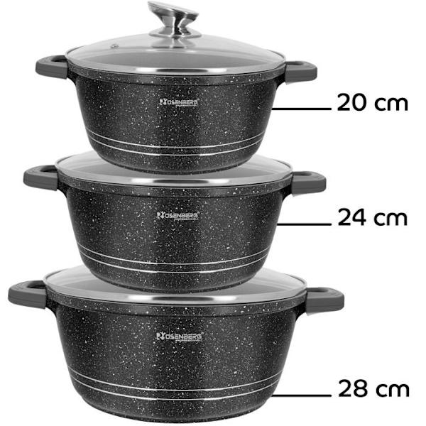 Set med 3 kastruller med lock, mångsidig Rosenberg svart