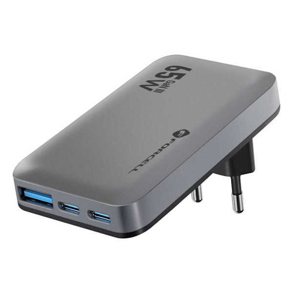 Laddare Vägg GaN III 65W med 2 USB-C + USB Snabbladdning Ultratunn Forcell Grå