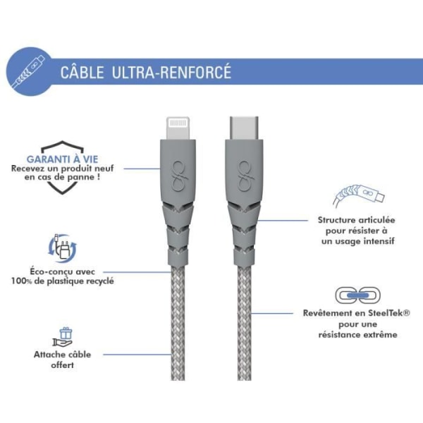 Ultraförstärkt kabel USB C/Lightning 3m 3A Livstidsgaranti Grå - 100 % återvunnen plast Force Power