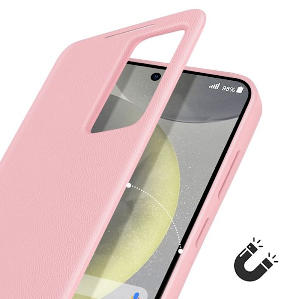 Etui i læder til Galaxy S25 og S24 med vindue til visning og kortlomme i rosa Rosa