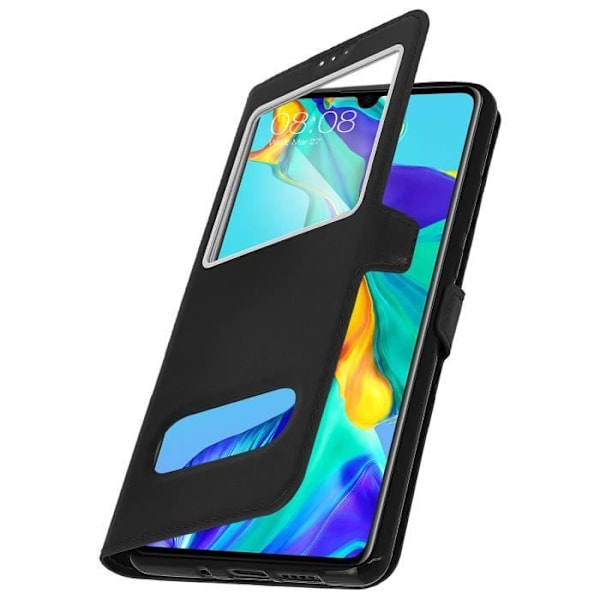 Etui Folio - AVIZAR - Huawei P30 - Kaksoisikkuna - Tukitoiminto - Musta Svart