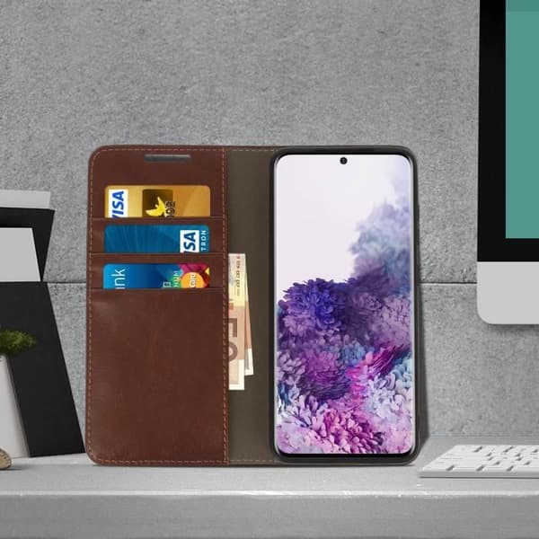 Étui Folio - AVIZAR - Galaxy S20 - Äkta läder - Videostöd - Kortfack brun