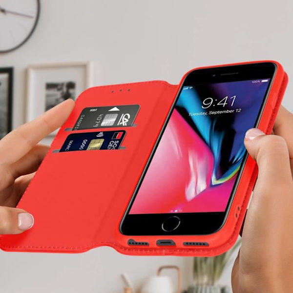 iPhone SE 2020, 8, 7, 6 ja 6S Case Flip Wallet Video Support Red Red Röd