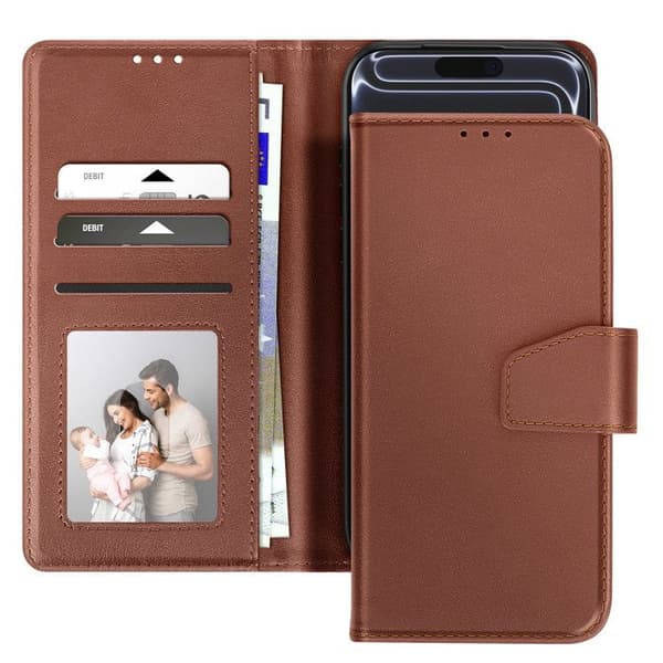 Premium läder plånboksfodral för iPhone 17 Pro Max med ställfunktion brun kastanj