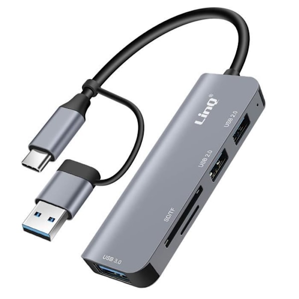 USB C og USB Hub med USB 3.0 + 2x USB 2.0 SD og TF kortlæser LinQ Sort