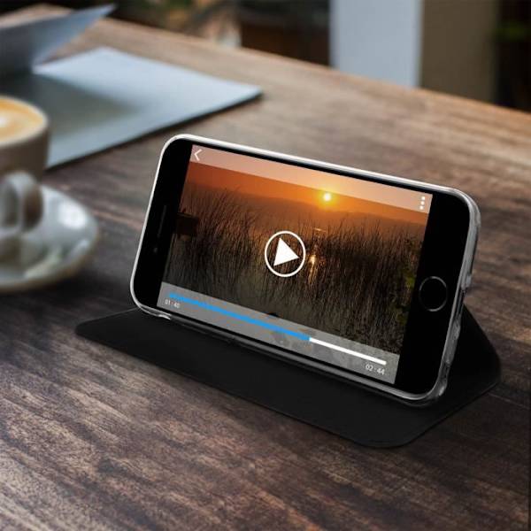 Hus för iPhone SE 2020 / 8 / 7 - AKASHI - Flipfodral - Ekoskinn - Videostöd - Svart Svart