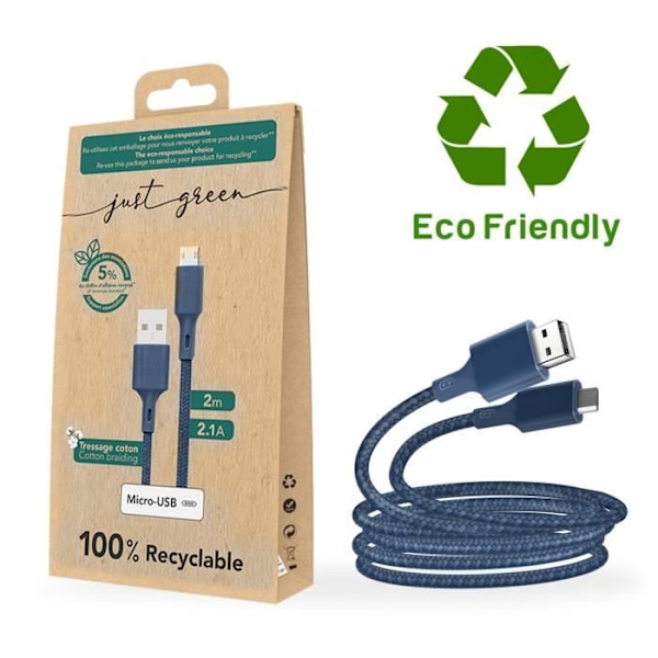 Ekologisk kabel Mikro-USB Intensitet 2,1A 2m Återvinningsbar bara grön kungblå