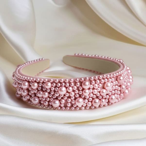 Bred Hårband med Klassiska Rosa Pärlor Ros