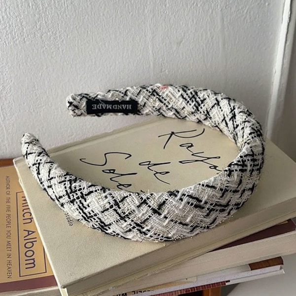 Bredt Hårbånd i Retro Glam Tweed Hvid og Sort Hvid / Sort Vit
