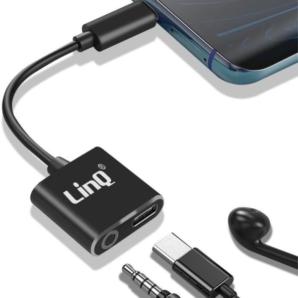 LinQ USB-C til 3,5 mm lydstik og USB-C hun-opladningsadapter Sort