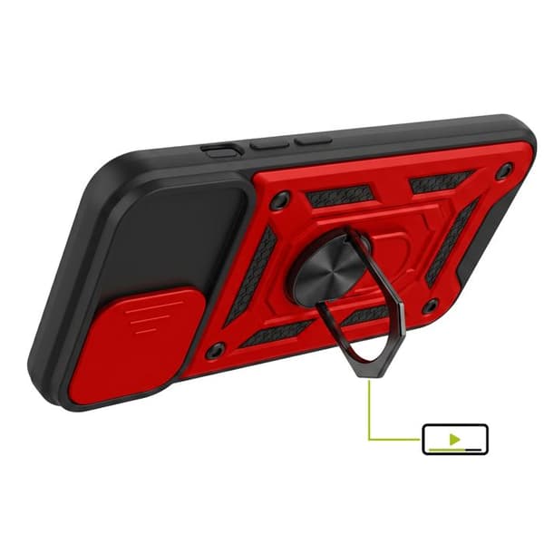 Coque Anneau til iPhone 16e med Skydelåg til Kamera og Magnetisk Ring Mayaxess Rød / Sort Röd