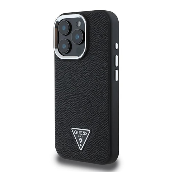 iPhone 16 Pro Max Antishock kuori, joissa on teksturoidun vaikutuksen ja Guessin musta kolmion logo Svart