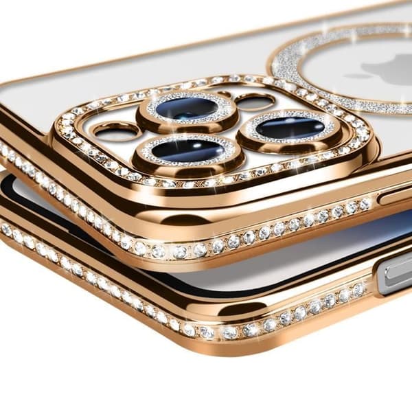 Coque - Diamant - iPhone 14 Pro - Guldstrass - Slitstark - MagSafe-kompatibel - Elegant Gul