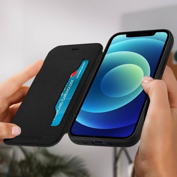 iPhone 12 Mini Läderfodral Korthållare Video Support Funktion Akashi Black Svart
