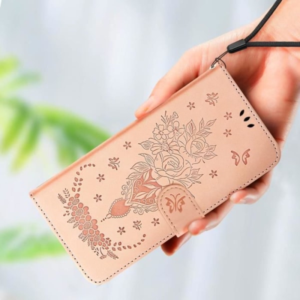 Plånboksfodral för Xiaomi Redmi 12C, roséblommigt fjärilsmönster konstläder