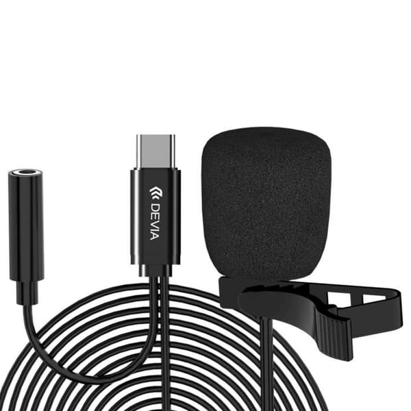 USB-C-langaton mikrofonirikko HD tallennuksella kiinnitysklipsillä ja mustalla Devia-kaapelilla