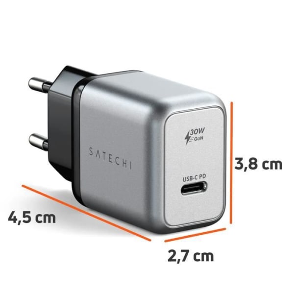 GaN USB-C Strömförsörjning 30W Kompakt Satechi Space Grey Nätladdare Grå