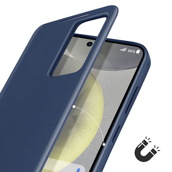 Galaxy S25 ja S24 Nahkakotelo Näyttöikkuna Korttipidike Syvä Sininen Blå