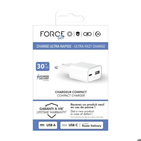 Lader - Force Power - 30W - USB-A/USB-C - Ultra-hurtig opladning - Kompakt Vit