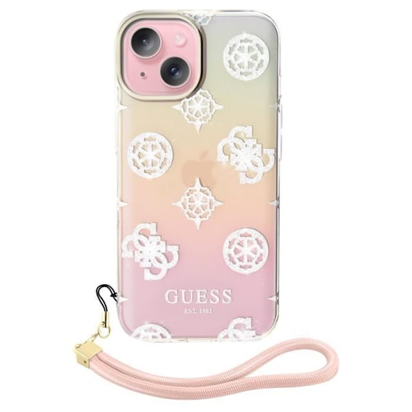 Cover til iPhone 15 Plus med forhøjede kanter og integreret strop Guess multicolor Flerfärgad