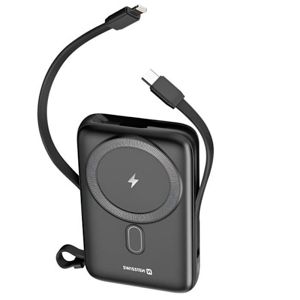 Powerbank - SWISSTEN - 10000mAh - MagSafe - Integrerade USB-C- och iPhone-kablar - LCD-skärm Svart