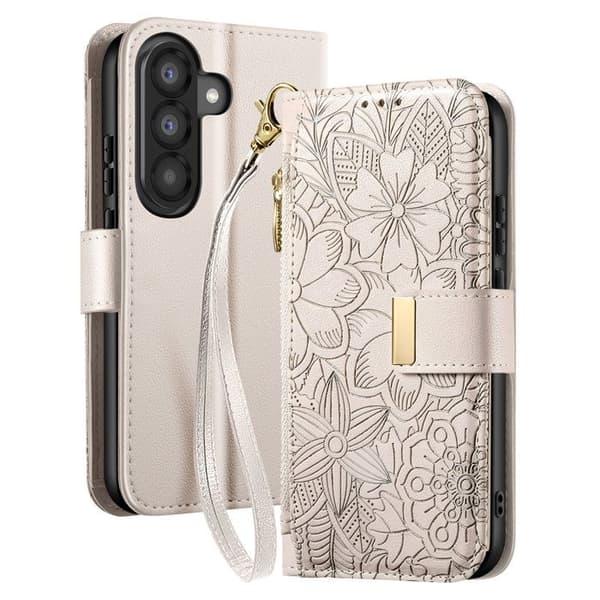 Pungetui til Galaxy A56 med blomsterdesign og integreret lynlåslomme i grå Grå