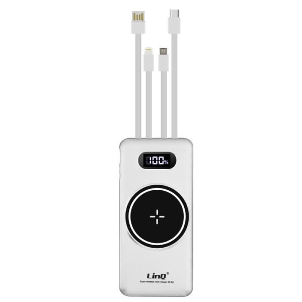 Powerbank 15 000 mAh trådlös laddning + USB / USB-C + LinQ multikablar Vit