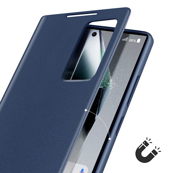 Samsung Galaxy S24 Ultra:n ikkunaetuus korttitaskulla, sininen yö Blå