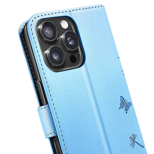 Premium design plånboksfodral för iPhone 16 Pro Max Blommor Fjäril Zanaé Ljusblå Blå