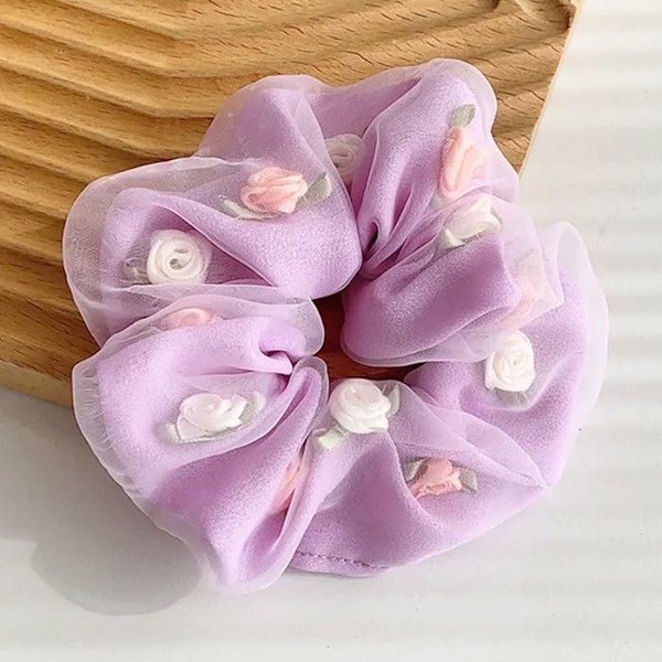 Kaksinkertainen Hiustukka Pehmeästä Kankaasta 3D Violeteilla Ruusuilla Lila