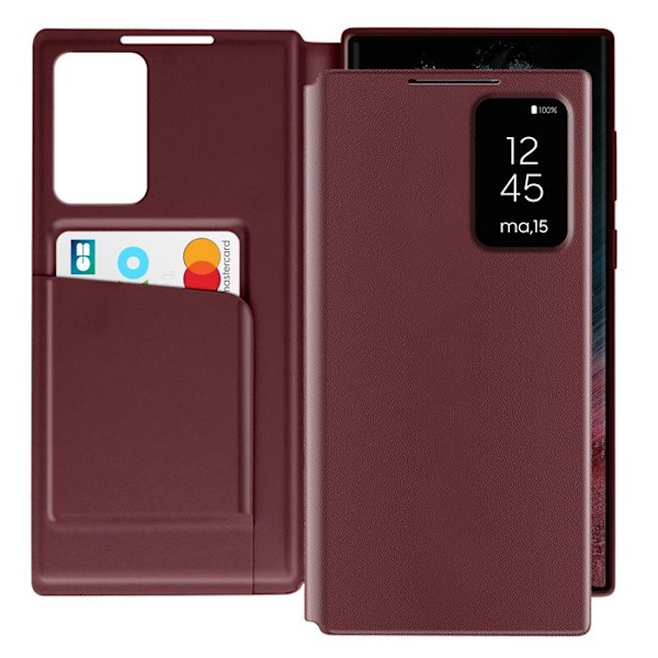 Etui i læder til Galaxy S22 Ultra med vinduesvisning og kortlomme i Bordeaux Röd