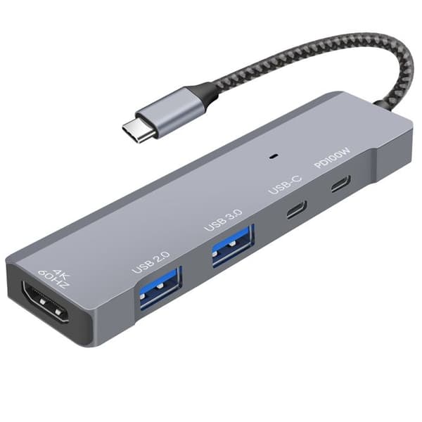 USB-C 5-i-1 hub til HDTV 4K, USB 3.0 / 2.0, USB-C PD 100W og USB-C LinQ Grå
