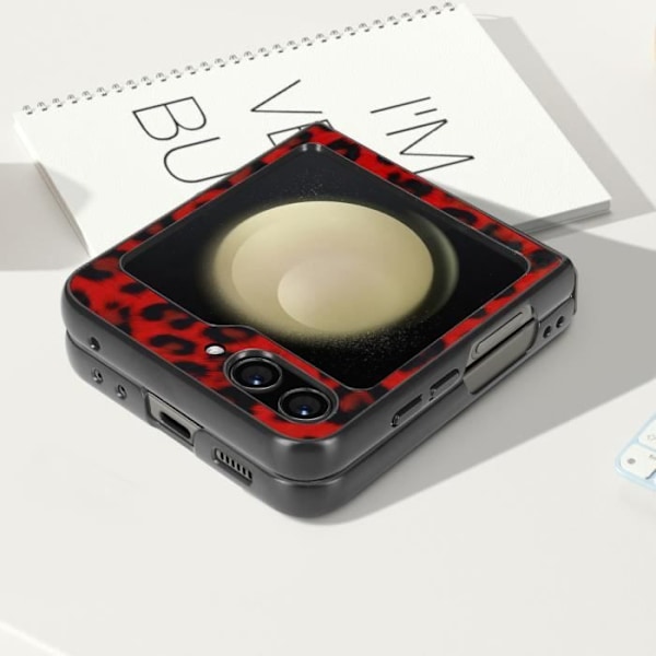 Fodral till Samsung Galaxy Z Flip 5 Äkta läder, rött leopardmönster Abeel Röd